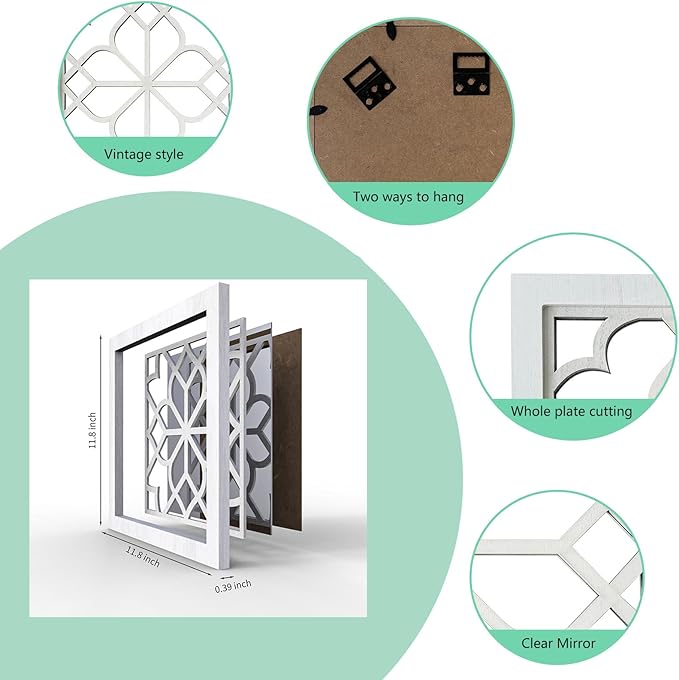 ZEXUIRU Set of 4 Wooden Rustic Square Wall Mirror Vintage Style Decorative Entry Mirror Farmhouse Wall Decoration for Living Room Bedroom Bathroom Kitchen 11.8 * 11.8inch White…