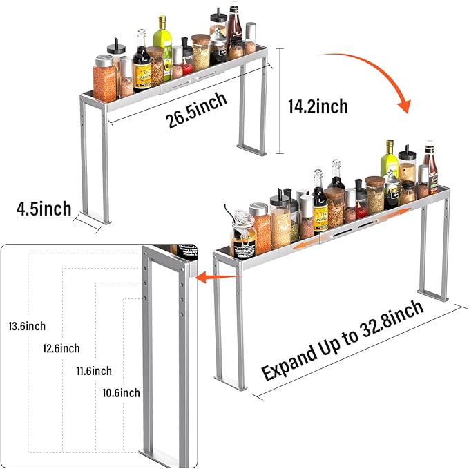 Stove Top Shelf - Adjustable Oven Shelf for Top of Stove for 27-33inch, Kitchen Spice Organizer, Silver