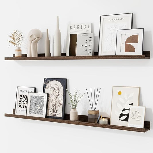 RICHFOCUS Picture Ledge Shelf, 40 inch Floating Shelves Set of 2, Wood Wall Shelves with Lip, Wall Decor Storage for Bedroom Living Room Bathroom Kitchen Nursery Photo Picture, Walnut