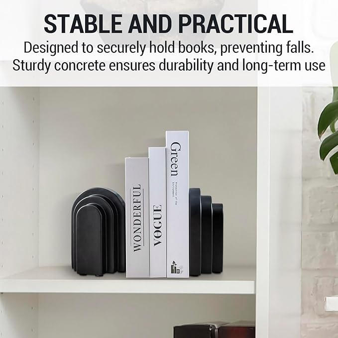 MyGift Black Concrete Bookends Decorative Arch Design, Book Ends for Heavy Books, Book Stopper for Shelves, Minimalist Home and Office Organizer, Modern Art Decor, 1 Pair