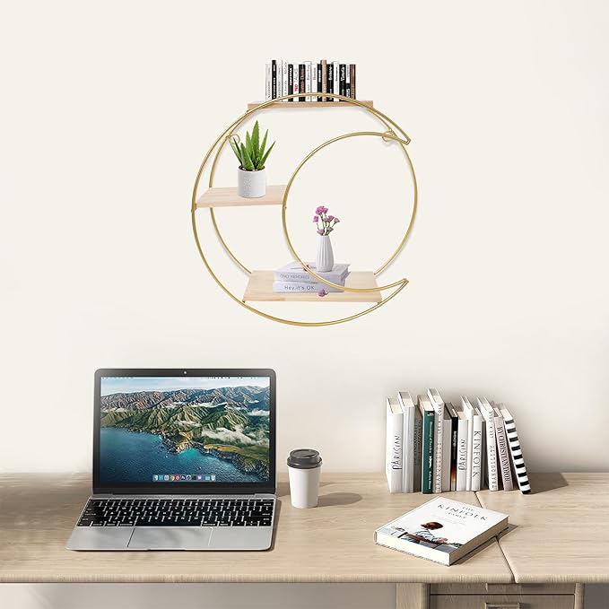 Floating Shelves Wall Mounted, 3-Tier Storage Display Rack Storage Display Rack Metal Wall Mount Display Organizer Holder for Home Decor,Gold (1, Round+ Moon)