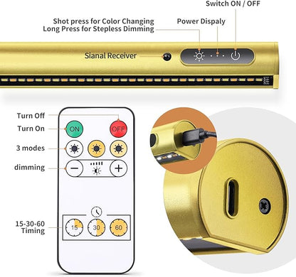 Battery Operated Wireless Picture Light，Rechargeable/Plugged in 31.5inch Painting Display Light,Remote Control Wall Lights with Three Modes and Timing for Art Frame (Gold)