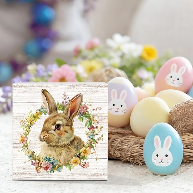 Funny Easter Sign Easter Bunny Decor Decorations Bunny Spring Flower Sign Decor Table Decorations Indoor for Home Office Desk Table Shelf Tiered Tray 5 X 5 Inch