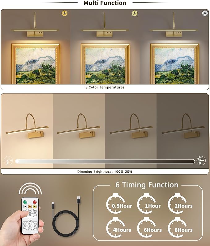 JOOSENLUX Wireless Picture Light with Remote Control - 16" Inch Brass Dimmable Art Light, Timer - Battery Operated - for Pictures, Display, Artwork, Gallery Wall