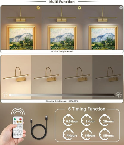 JOOSENLUX Wireless Picture Light with Remote Control - 16" Inch Brass Dimmable Art Light, Timer - Battery Operated - for Pictures, Display, Artwork, Gallery Wall