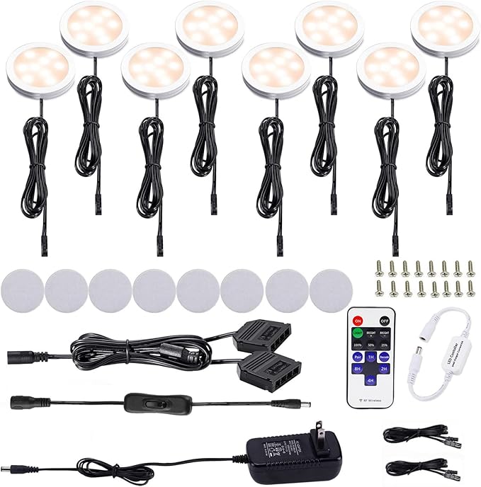 AIBOO Kitchen Under Cabinet Lighting LED 12Vdc 8 Pack Black Cord Aluminum Puck Lights for Counter Closet Furniture Shelf Lighting Dimmable with RF Wireless Remote Control(2700K Warm White)