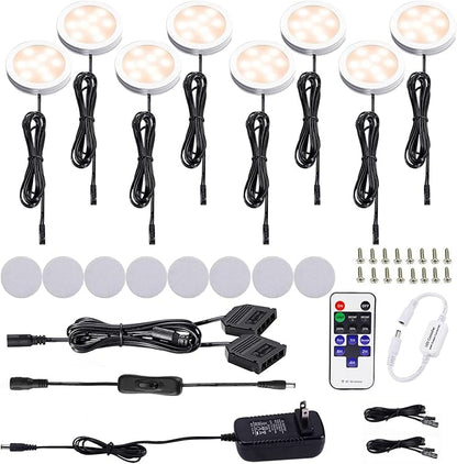 AIBOO Kitchen Under Cabinet Lighting LED 12Vdc 8 Pack Black Cord Aluminum Puck Lights for Counter Closet Furniture Shelf Lighting Dimmable with RF Wireless Remote Control(2700K Warm White)