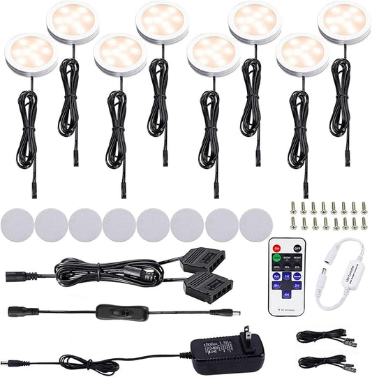 AIBOO Kitchen Under Cabinet Lighting LED 12Vdc 8 Pack Black Cord Aluminum Puck Lights for Counter Closet Furniture Shelf Lighting Dimmable with RF Wireless Remote Control(2700K Warm White)