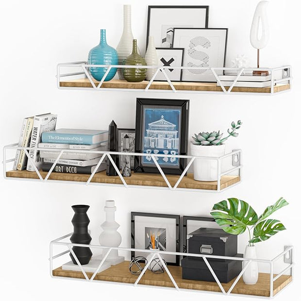 Floating Shelves Set of 3, Home Wood Wall Shelf, Farmhouse Shelf for Bedroom, Wall Mounted Floating Shelf for Living Room, Bedroom, Bathroom, Kitchen, Office (White)
