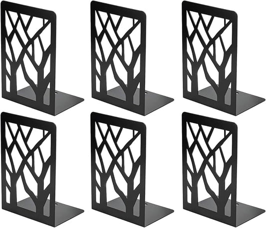 MaxGear Book Ends Tree Design Modern Bookends for Shelves, Non-Skid Bookend, Heavy Duty Metal Book Stopper for Books/CDs, Decorative Books Shelf for Home,7 x 4.7 x 3.5”, Black, 3 Pair/6 Pieces, Large