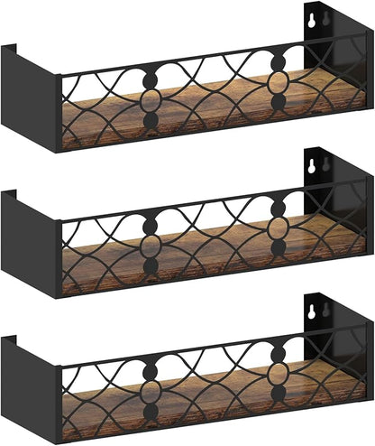 Black Floating Shelves with Removable Insert Plate Set of 3, Wooden Display Shelves, Rustic Decorative Wall Shelves for Living Room, Bedroom, Kitchen
