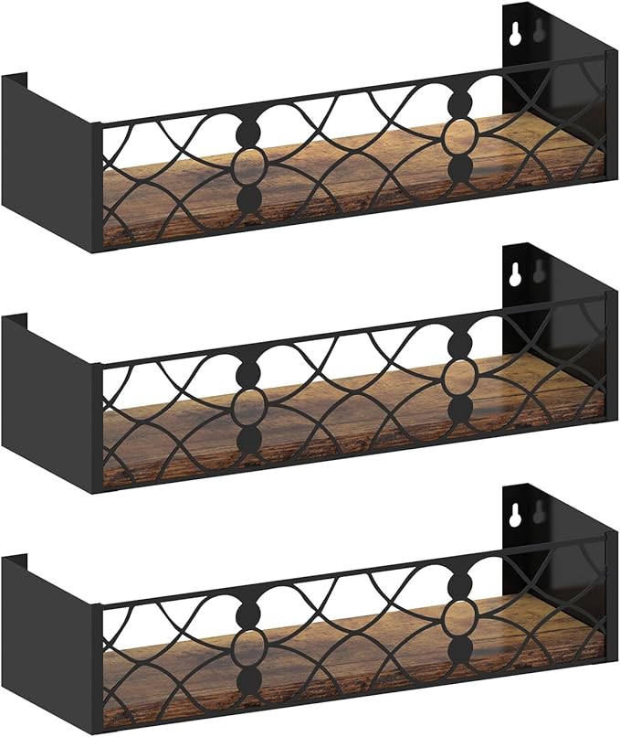 Black Floating Shelves with Removable Insert Plate Set of 3, Wooden Display Shelves, Rustic Decorative Wall Shelves for Living Room, Bedroom, Kitchen