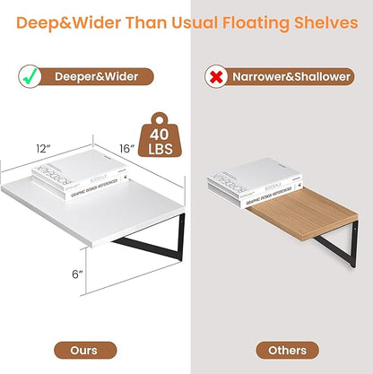 Heimlove White Deep Floating Shelves for Wall, 16W x 12D Wood Wall Shelves Set of 2, Wide Floating Bookshelf for Living Room, Kitchen, Office, Bedroom and Decor Storage, with Black Bracket - White