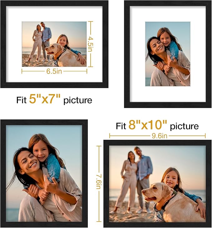 Vittanly 8x10 Picture Frame Set of 4, Display Pictures 5x7 with Mat or 8x10 without Mat, Engineered Wood with Shatter Resistant Plexiglass, Wall Gallery Photo Frames for Wall or Tabletop, Black