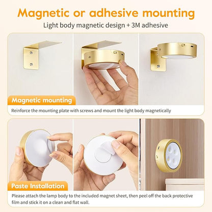 Brightown 3-Pack Picture Lights for Wall,Rechargeable Battery Operated Painting Light Magnetic Art Display Light with Remote, Puck Lights, Dimmable & Timer Art Lighting for Paintings Wireless,Gold