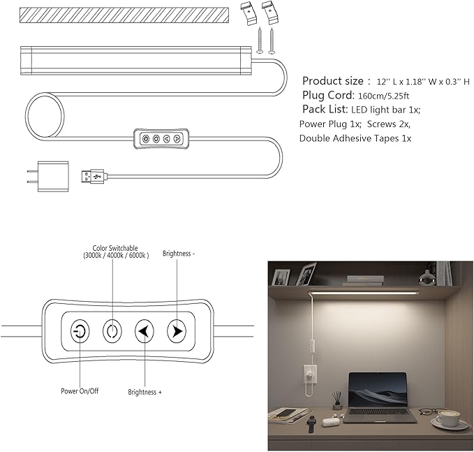 Under Cabinet Lighting USB Plug in 12In- LED Cabinet Light Strip,3 Color Levels (3000K/4000K/6000K), Dimmable (10%-100%), Small Thin Room Task Light Bar for Kitchen Counter, Over Sink, Shelf, 1pcs