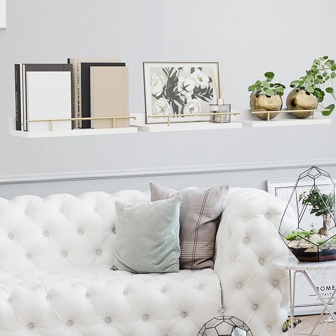Floating Shelves with Metal Guardrail, Wall Decor Shelves for Bathroom, Living Room and Bedroom, (Gold-White) Shelves for Home Decor