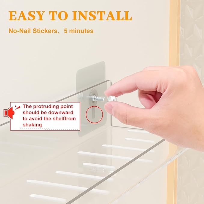 6 Pack Floating Shelves - Clear Acrylic/PET Wall Mounted Non-Drilling Storage Rack with Adhesive, Invisible Bathroom and Bedroom Shelves for Kitchen, Living Room, Clear Decoration
