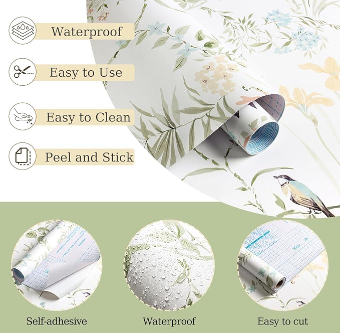 Erfoni 16.9" x118" Boho Floral Peel and Stick Wallpaper Green Floral and Birds Contact Paper DIY Self Adhesive Removable Wallpaper for Livingroom Cabinet Decor Modern Flower Leaf Wall Paper Vinyl Roll