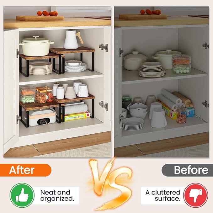 HOOBRO Cabinet Organizer Shelf Set of 4, Kitchen Counter Organizer, Kitchen Storage, Spice Rack, Nest, Stackable, Side-by-Side & L-Shape for Cabinet, Kitchen, Rustic Brown and Black BF33TLP201
