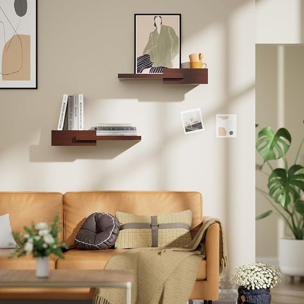 Floating Shelves for Wall, Set of 2 Rustic Wood 16 Inches Wall Mounted Shelves for Bathroom，Bedroom, Living Room &Kitchen, Heavy Duty Display Picture Ledge Shelf for Home Decor Storage Brown