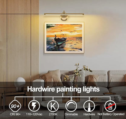 Hard-Wired Picture Lights 23.62 Inch Dimmable LED Wall Art Lighting Modern Brass Gallery Light Poster Lights Adjustable Swing Arm Picture Frame Light For Display Art Work,14W,2700K, Warm White