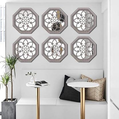 2 PCS Octagon Wall-Mounted Mirrors,Vintage Farmhouse Mirror for Wall Decor,Barn Wood Color Decorative Accent Mirror for Foyer, Bathroom, Bedroom. (12”x12”)