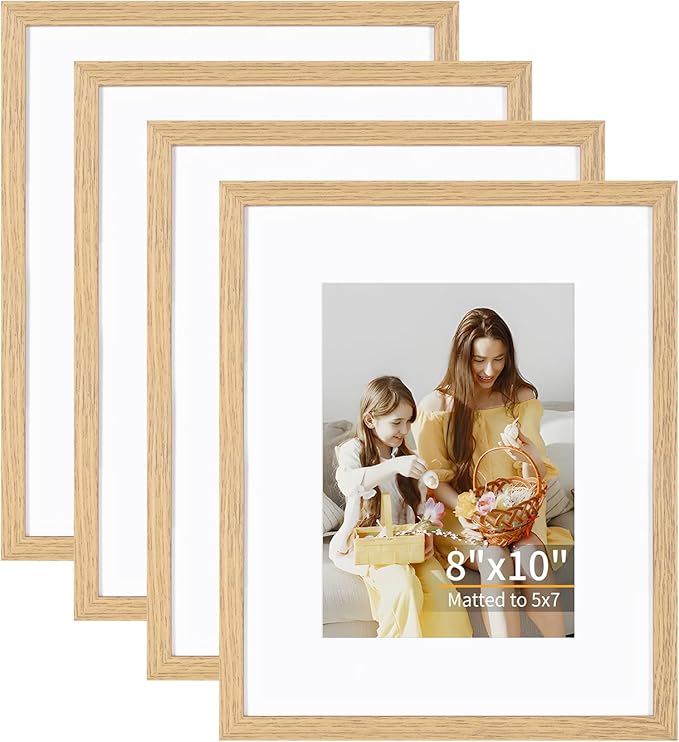 8x10 Picture Frame Set of 4, Displays 5x7 with Mat or 8x10 Without Mat, Photo Frames for Wall Hanging or Tabletop, Includes HD Plexiglass, Light Wood Grain
