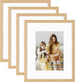 8x10 Picture Frame Set of 4, Displays 5x7 with Mat or 8x10 Without Mat, Photo Frames for Wall Hanging or Tabletop, Includes HD Plexiglass, Light Wood Grain