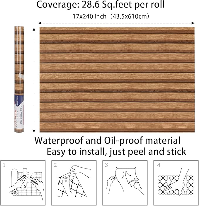 Arthome 17''x240'' Wood Slat Wallpaper, Peel and Stick Self Adhesive Wood Wallpaper PVC Vinyl Decorative Removable Wallpaper Waterproof Faux Wood Grating Stripe Contact Paper for Living Room Bedroom