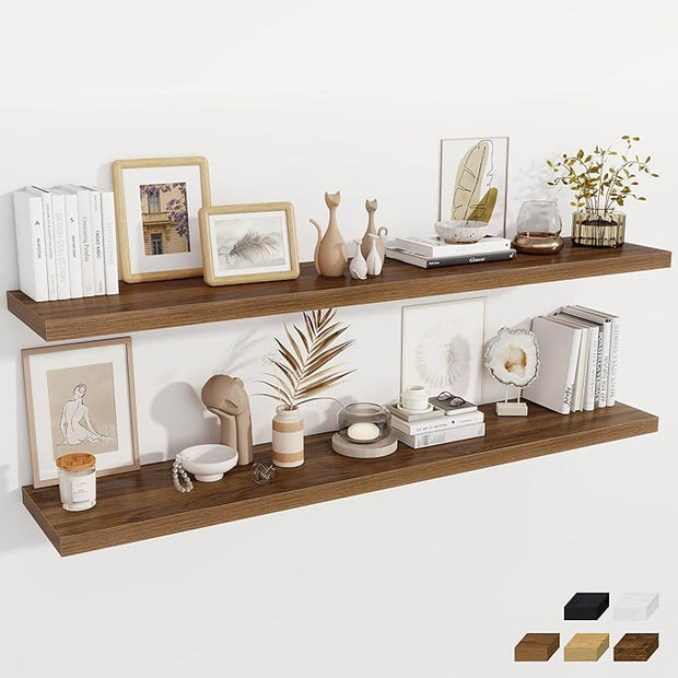 Fun Memories 12 Inch Deep Floating Shelves, 67 Inch Long Extra Large Floating Shelves Set of 2, Wood Wall Shelves for Living Room, Kitchen, Bedroom, Farmhouse, Laundry Room, Home Office - Walnut