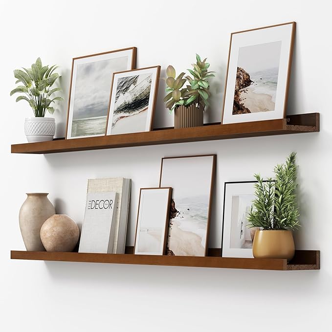 Picture Ledge Shelf, Floating Shelves Set of 2, Solid Ash Wood 56'' Long Large Nursery Book Shelves for Toys Storage, Kids Bookshelf for Living Room Bedroom Decor Books Photo Frames, Walnut