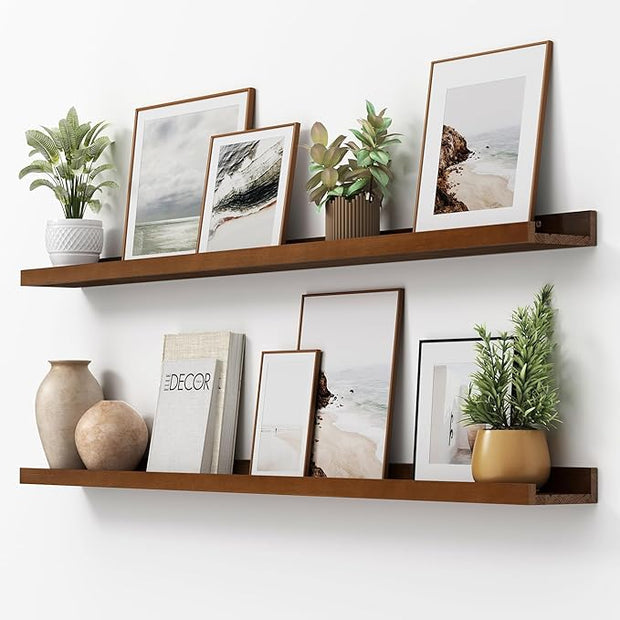 Picture Ledge Shelf, Floating Shelves Set of 2, Solid Pine Wood 55'' Long Large Nursery Book Shelves for Toys Storage, Kids Bookshelf for Living Room Bedroom Decor Books Photo Frames, Walnut