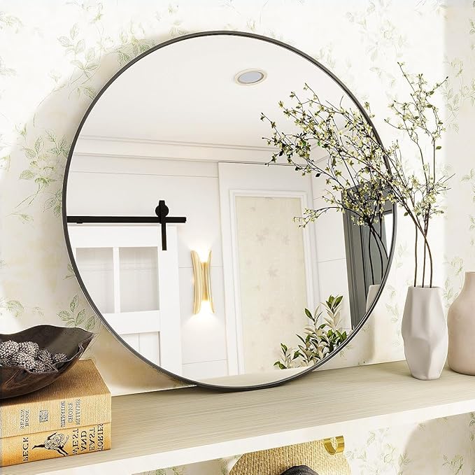 VooBang Black Round Bathroom Mirror, 24 inch Circle Wall Mounted Hanging Mirror with Simple Modern Circular Metal Frame for Hallway, Entryway, Living Room, Black Frame