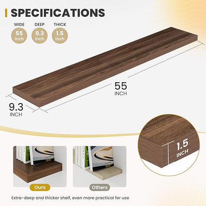 55 Inch Floating Shelves, 9.3" Deep Floating Shelf Wall Mounted, 56" Wall Shelves, Rustic Deep Bookshelf, Large Display Shelves & Storage Shelves for Bedroom, Living Room, Walnut, Set of 2