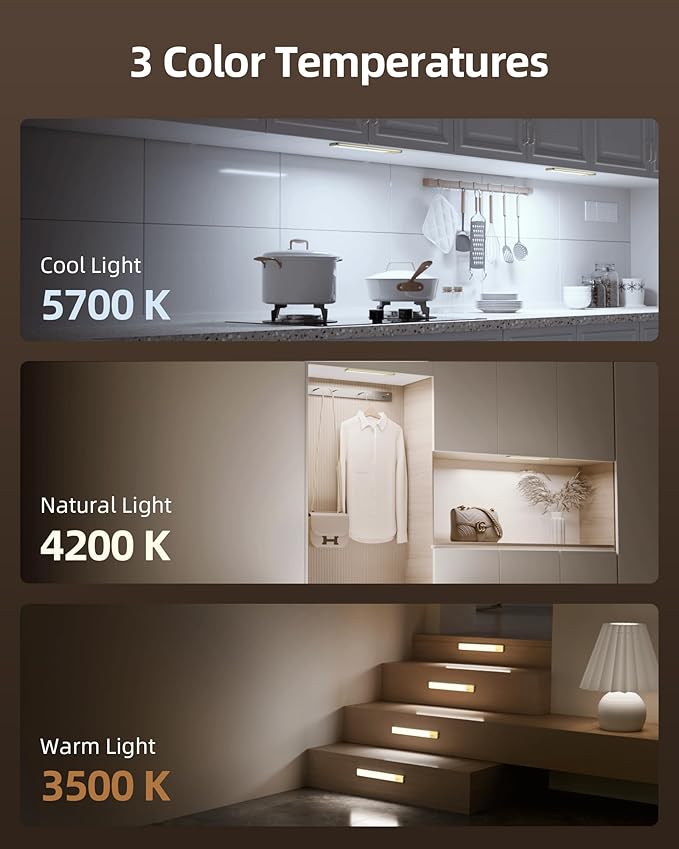 EZVALO 16.5-inch Under Cabinet Lighting, 3 Color Temperatures, 4000mAh Rechargeable Motion Sensor Light Indoor, LED Magnetic Lights with Dimmable for Kitchen, Stairs, Pantry, Closet