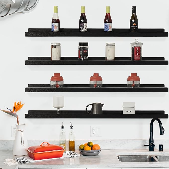 Long Floating Shelves 36 Inches Set of 4,Wood Picture Shelf for Wall with Ledge,Photo Frames Display Shelves Wall Mounted for Living Room Bedroom Kids Nursery,Home Decor (Rustic Black, 36