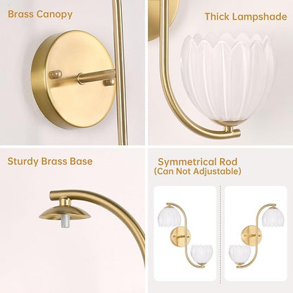 Battery Operated Wall Sconce, 2-Lights Vinatge Brass Wall Lighting Up and Down with White Tulip Shade for Living Room, Bedroom, Symmetrical 2 Pack
