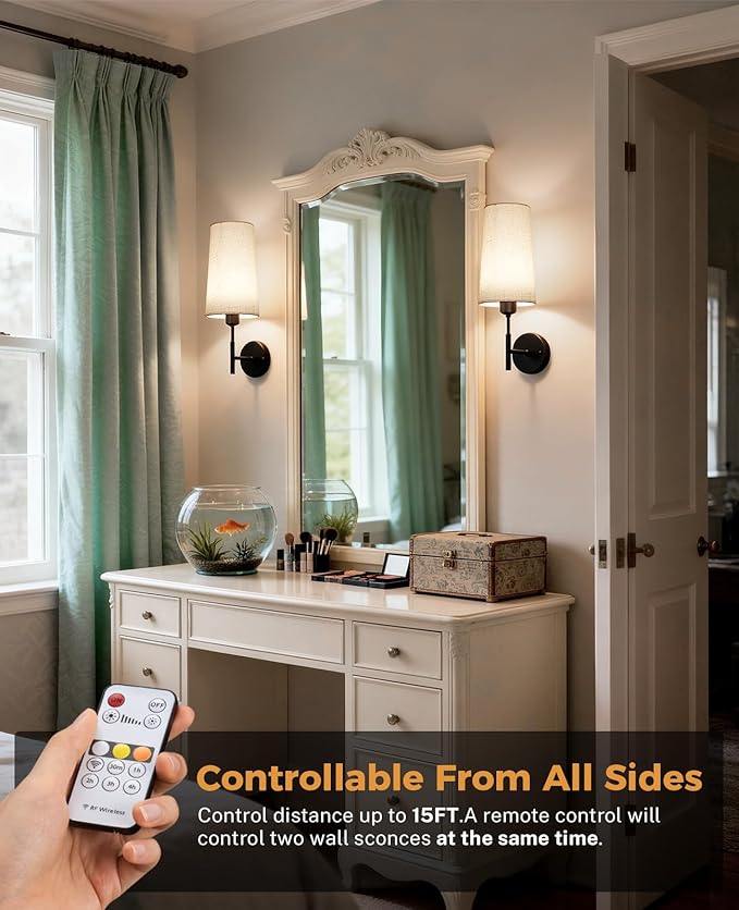 Battery Operated Wall Sconce, 13000mAh Wall Sconces Set of Two Battery Operated, Wireless Sconces Set of 2, Rechargeable Sconce with Remote, No Wire Wall Lamp/Light for Bedroom, Black