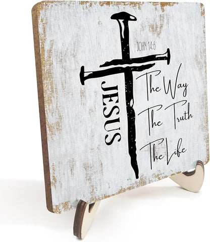 Inspirational Sign Rustic Desk Decor Decorative Christian Gifts Religious Bible Verse Motivational Decoration for Home Living Room Restaurant Office Table Shelf Tiered Tray Plaque with Wood Stand