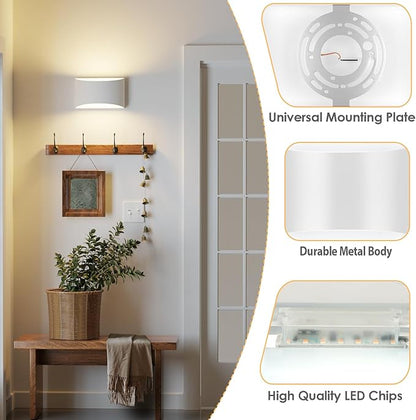 FOLKSMATE Modern LED Wall Sconces Set of 2, 3000K Warm White Up and Down Mount Light, White Hardwired Interior Wall Lights Lamp for Indoor Living Room Bedroom Hallway Basement Stairway