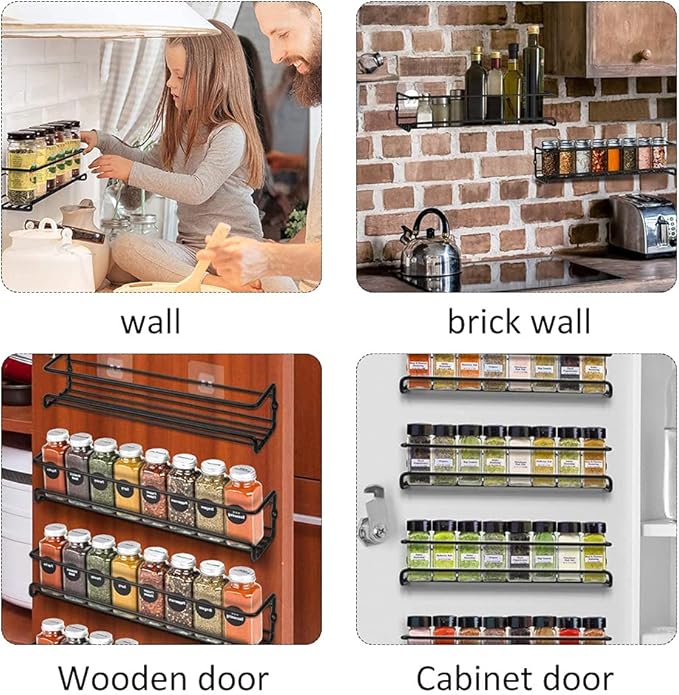 4 Pack Spice Rack Organiser Hanging Spice Shelves Carbon Steel Wall Mount Spice Rack Kitchen Storage Racks Storage Spices and Condiments Spice Jars for Kitchen Cabinet Cupboard Pantry Door