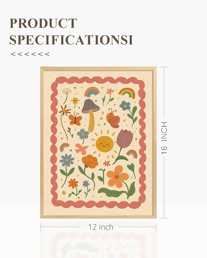 InSimSea Framed Canvas Wall Art Prints, Nursery Wall Art for Bedroom, Beige Vintage Flower Illustration Painting Kids Decor, Classic Retro Rustic Farmhouse Wall Shelf Decor, 12x16inch