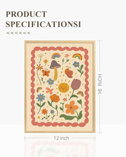InSimSea Framed Canvas Wall Art Prints, Nursery Wall Art for Bedroom, Beige Vintage Flower Illustration Painting Kids Decor, Classic Retro Rustic Farmhouse Wall Shelf Decor, 12x16inch