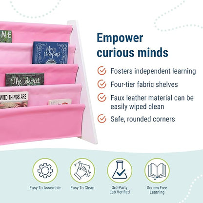 Wildkin Vegan Leather Sling Bookshelf for Kids – Premium Easy Clean Sling Canvas Design with 4 Fabric Shelves, Organizer for Home or Classroom - White w/Multi-Pink