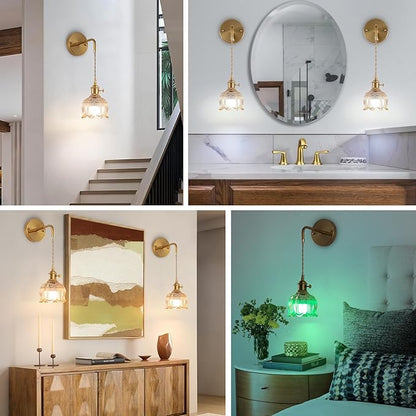 Vintage Battery Operated Wall Sconce Set of 2, Amber Glass Lampshade Wireless Rechargeable Battery Powered Wall Light, RGB Wall Sconce Fixtures for Bedroom, Living Room