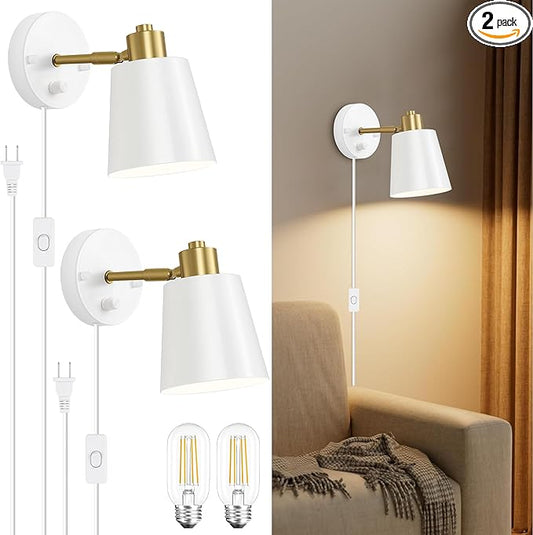 Dimmable Wall Sconces Set of 2, Adjustable Angle Wall Lights with Plug in Cord and Dimmer On/Off Knob Switch, Hardwired Indoor White Wall Lamp for Bedside Bedroom Bathroom (2 Bulbs Included)