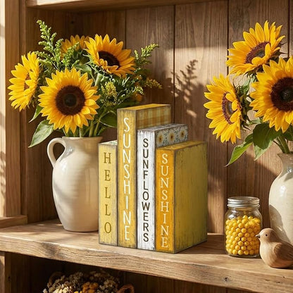 4 Pcs Summer Table Decoration Wooden Book Sunflower Decoration Yellow and White Summer Tiered Tray Decor Wood Book Sign Farmhouse for Home Shelf Coffee Table