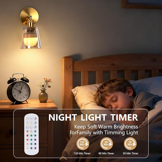 Vintage Battery Operated Wall Sconce with Amber Minimalist Glass Lampshade Rechargeable Battery Powered Wall Light with Remote Control for Bedside Bedroom Bathroom, Set of 2