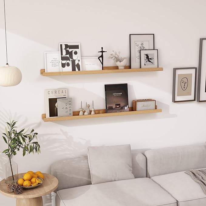 Picture Ledge Shelf | 48 Inch Floating Shelves Set of 2 | Natural Wood Wall Shelves with Lip | Wooden Picture Shelf for Wall with Ledge | Photo Ledges